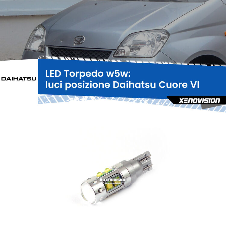 <strong>Luci posizione LED 6000k per Daihatsu Cuore VI</strong>  2003-2007. Lampadine <strong>W5W</strong> canbus modello Torpedo.