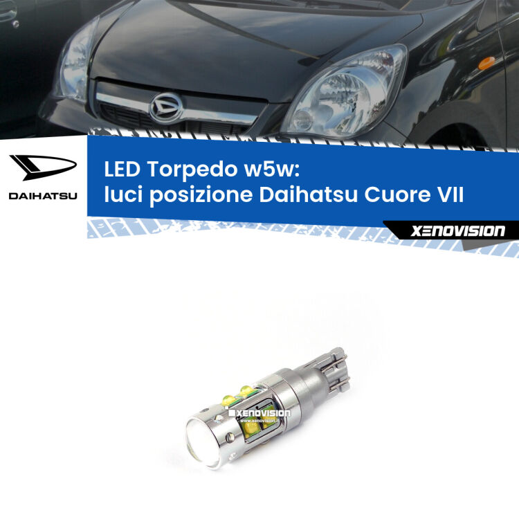 <strong>Luci posizione LED 6000k per Daihatsu Cuore VII</strong>  2007-2018. Lampadine <strong>W5W</strong> canbus modello Torpedo.