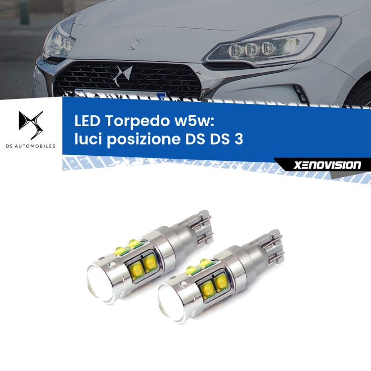 <strong>Luci posizione LED 6000k per DS DS 3</strong>  2015in poi. Lampadine <strong>W5W</strong> canbus modello Tube, luce bianco lunare, lunga durata e compatibilità.