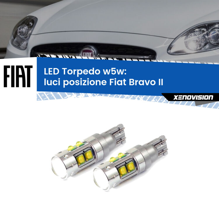 <strong>Luci posizione LED 6000k per Fiat Bravo II</strong>  2006-2014. Lampadine <strong>W5W</strong> canbus modello Tube, luce bianco lunare, lunga durata e compatibilità.