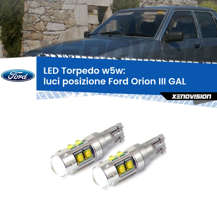 <strong>Luci posizione LED 6000k per Ford Orion III</strong> GAL 1990-1993. Lampadine <strong>W5W</strong> canbus modello Tube, luce bianco lunare, lunga durata e compatibilità.