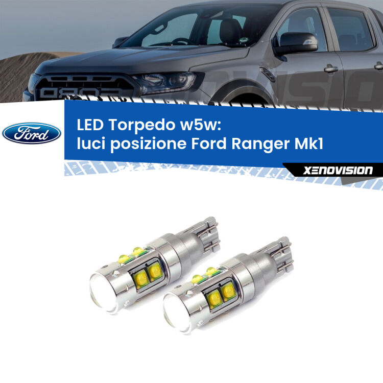 <strong>Luci posizione LED 6000k per Ford Ranger</strong> Mk1 2005-2006. Lampadine <strong>W5W</strong> canbus modello Tube, luce bianco lunare, lunga durata e compatibilità.