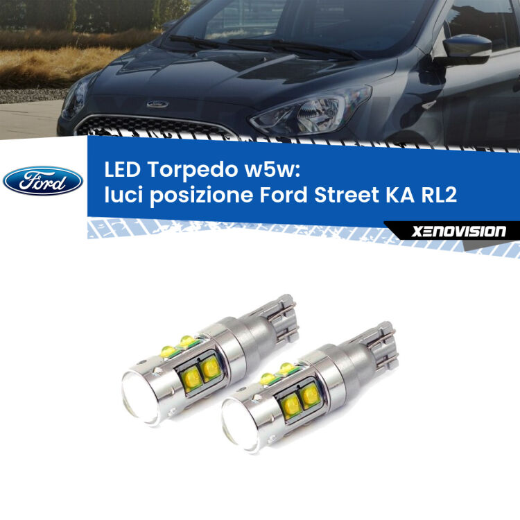 <strong>Luci posizione LED 6000k per Ford Street KA</strong> RL2 2003-2005. Lampadine <strong>W5W</strong> canbus modello Tube, luce bianco lunare, lunga durata e compatibilità.