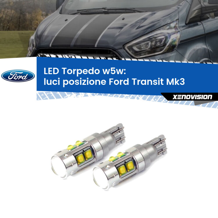 <strong>Luci posizione LED 6000k per Ford Transit</strong> Mk3 2000-2013. Lampadine <strong>W5W</strong> canbus modello Tube, luce bianco lunare, lunga durata e compatibilità.