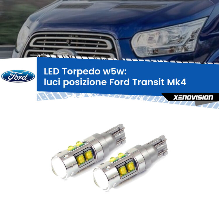 <strong>Luci posizione LED 6000k per Ford Transit</strong> Mk4 2014in poi. Lampadine <strong>W5W</strong> canbus modello Tube, luce bianco lunare, lunga durata e compatibilità.