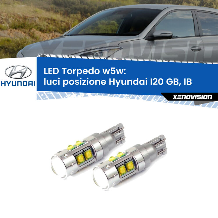 <strong>Luci posizione LED 6000k per Hyundai I20</strong> GB, IB a parabola singola. Lampadine <strong>W5W</strong> canbus modello Tube, luce bianco lunare, lunga durata e compatibilità.