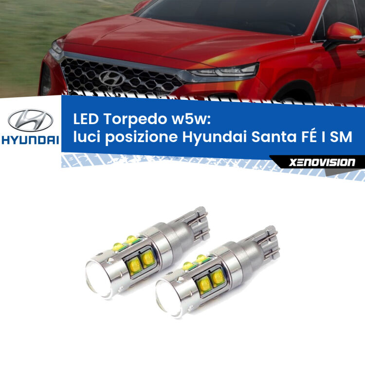 <strong>Luci posizione LED 6000k per Hyundai Santa FÉ I</strong> SM versione 1. Lampadine <strong>W5W</strong> canbus modello Tube, luce bianco lunare, lunga durata e compatibilità.