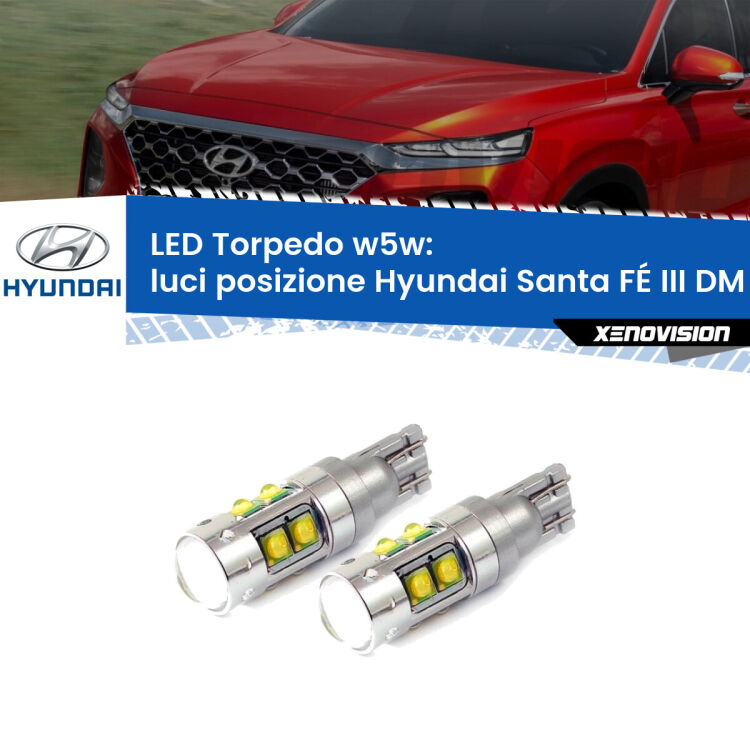 <strong>Luci posizione LED 6000k per Hyundai Santa FÉ III</strong> DM 2012-2015. Lampadine <strong>W5W</strong> canbus modello Tube, luce bianco lunare, lunga durata e compatibilità.