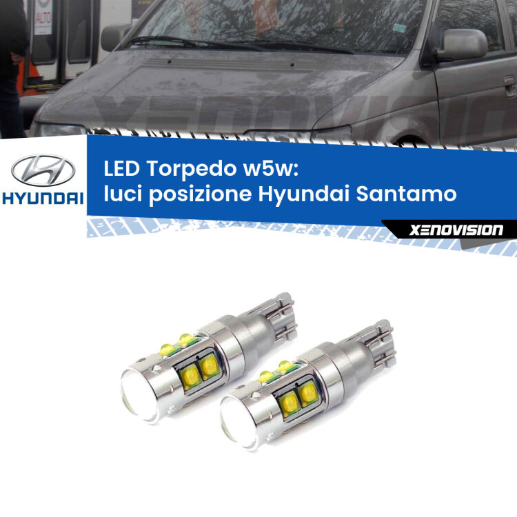 <strong>Luci posizione LED 6000k per Hyundai Santamo</strong>  1998-2002. Lampadine <strong>W5W</strong> canbus modello Tube, luce bianco lunare, lunga durata e compatibilità.