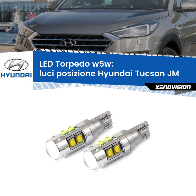 <strong>Luci posizione LED 6000k per Hyundai Tucson</strong> JM 2004-2015. Lampadine <strong>W5W</strong> canbus modello Tube, luce bianco lunare, lunga durata e compatibilità.