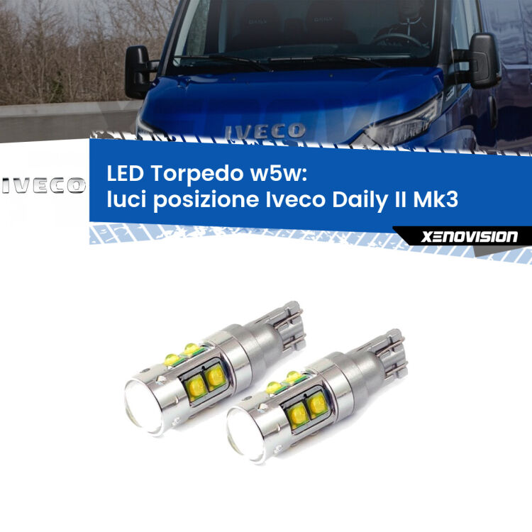 <strong>Luci posizione LED 6000k per Iveco Daily II</strong> Mk3 2011-2013. Lampadine <strong>W5W</strong> canbus modello Tube, luce bianco lunare, lunga durata e compatibilità.