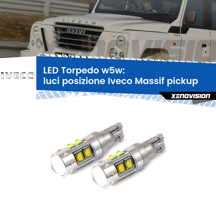 <strong>Luci posizione LED 6000k per Iveco Massif pickup</strong>  2008-2011. Lampadine <strong>W5W</strong> canbus modello Tube, luce bianco lunare, lunga durata e compatibilità.