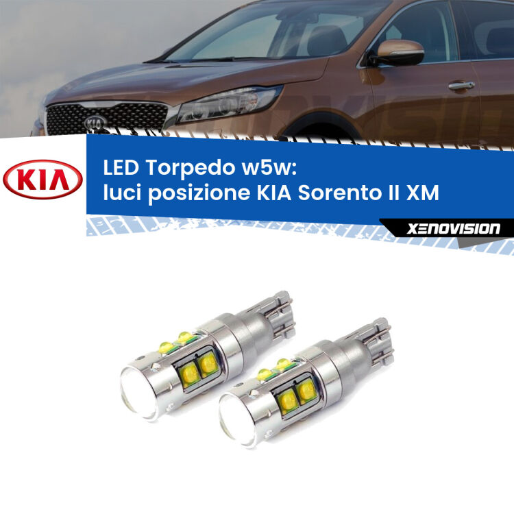 <strong>Luci posizione LED 6000k per KIA Sorento II</strong> XM 2009-2012. Lampadine <strong>W5W</strong> canbus modello Tube, luce bianco lunare, lunga durata e compatibilità.