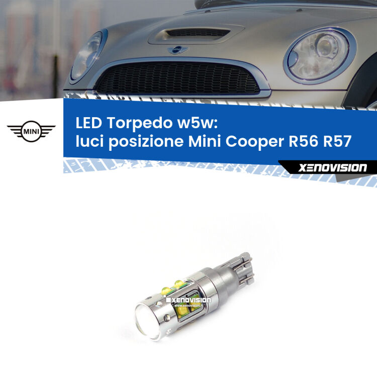 <strong>Luci posizione LED 6000k per Mini Cooper</strong> R56 R57 2006-2013. Lampadine <strong>W5W</strong> canbus modello Torpedo.