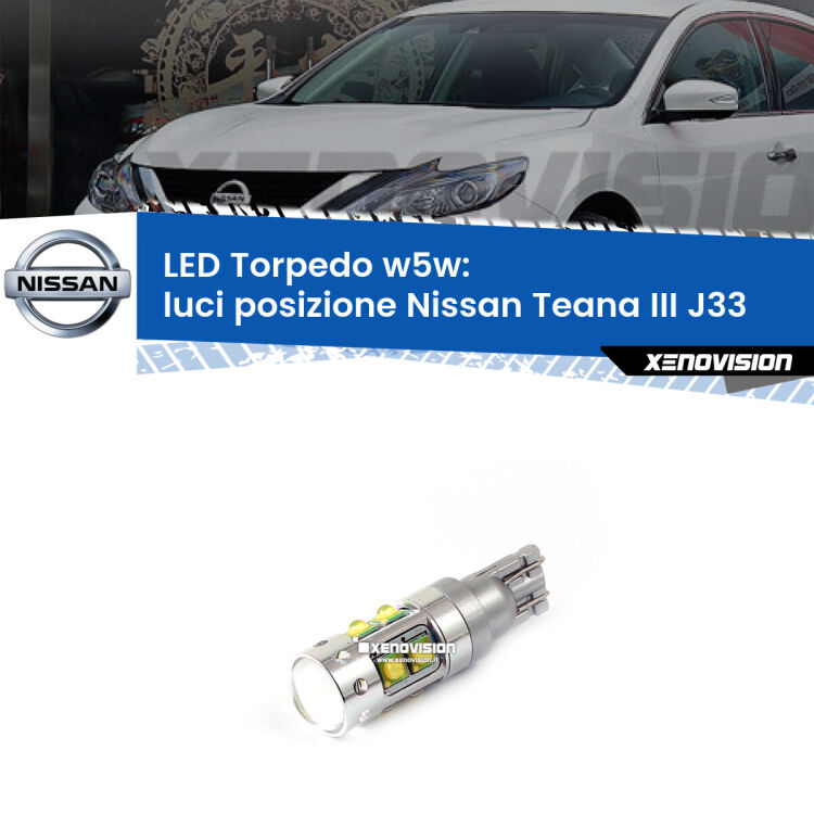 <strong>Luci posizione LED 6000k per Nissan Teana III</strong> J33 2013in poi. Lampadine <strong>W5W</strong> canbus modello Torpedo.