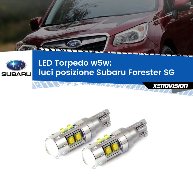 <strong>Luci posizione LED 6000k per Subaru Forester</strong> SG 2002-2012. Lampadine <strong>W5W</strong> canbus modello Tube, luce bianco lunare, lunga durata e compatibilità.