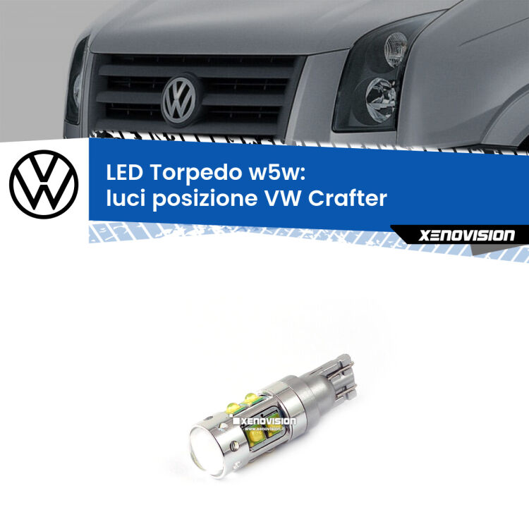 <strong>Luci posizione LED 6000k per VW Crafter</strong>  senza luci diurne. Lampadine <strong>W5W</strong> canbus modello Torpedo.