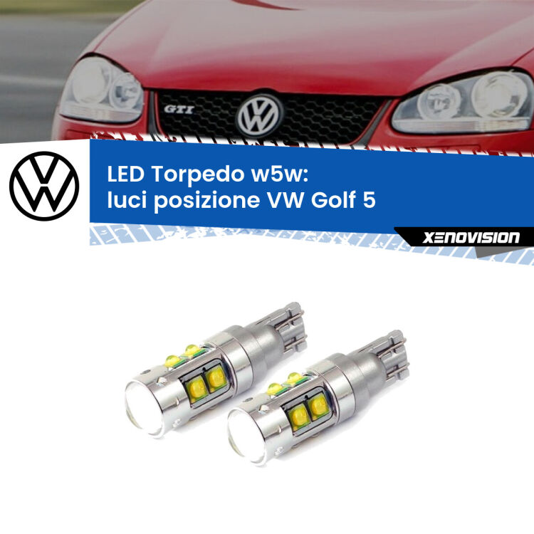 <strong>Luci posizione LED 6000k per VW Golf 5</strong>  2003-2009. Lampadine <strong>W5W</strong> canbus modello Tube, luce bianco lunare, lunga durata e compatibilità.