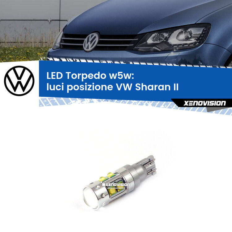 <strong>Luci posizione LED 6000k per VW Sharan</strong> II 2010-2019. Lampadine <strong>W5W</strong> canbus modello Torpedo.