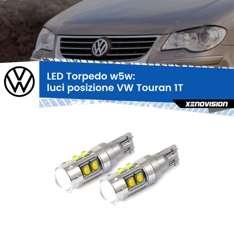 <strong>Luci posizione LED 6000k per VW Touran</strong> 1T 2003-2009. Lampadine <strong>W5W</strong> canbus modello Tube, luce bianco lunare, lunga durata e compatibilità.