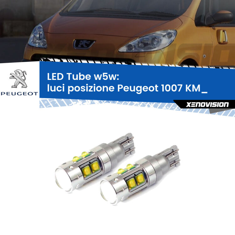 <strong>Luci posizione LED 6000k per Peugeot 1007</strong> KM_ 2005-2009. Lampadine <strong>W5W</strong> canbus modello Tube, luce bianco lunare, lunga durata e compatibilità.