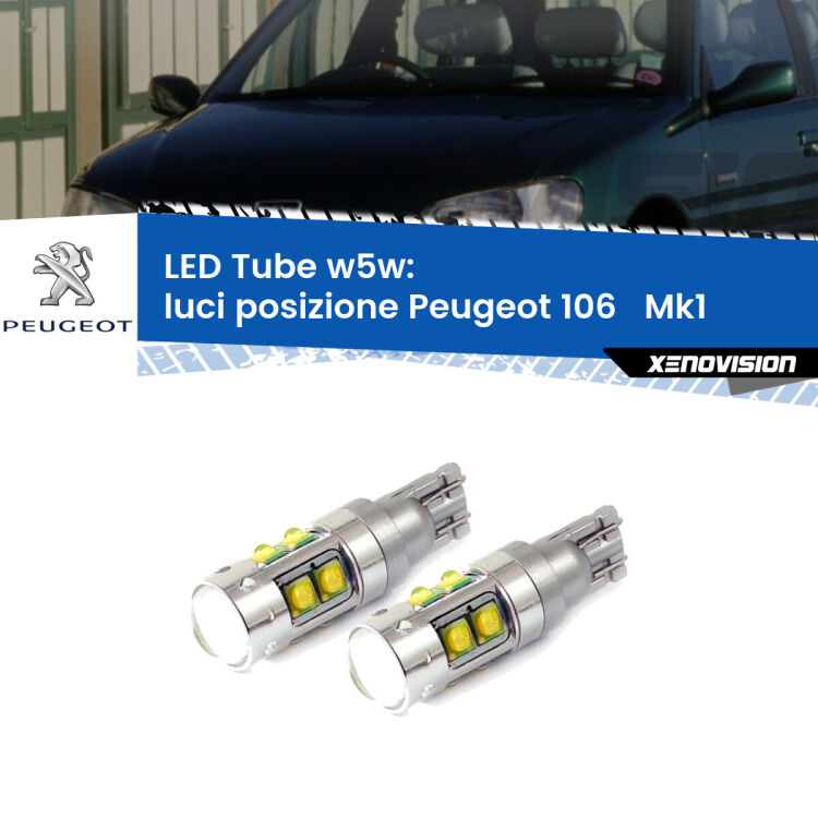 <strong>Luci posizione LED 6000k per Peugeot 106  </strong> Mk1 1991-1996. Lampadine <strong>W5W</strong> canbus modello Tube, luce bianco lunare, lunga durata e compatibilità.