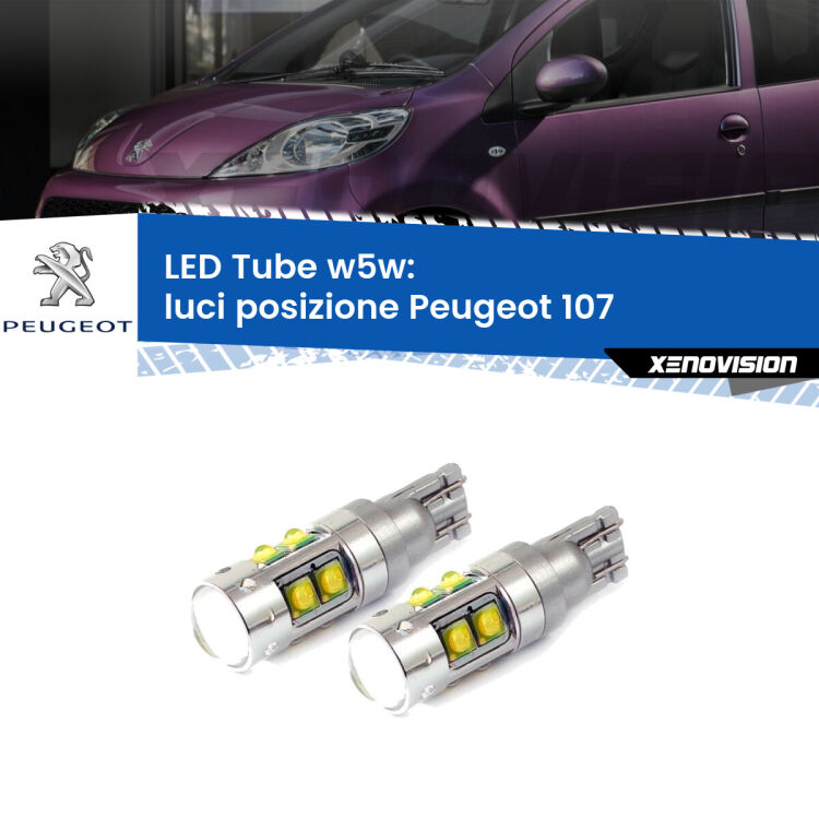 <strong>Luci posizione LED 6000k per Peugeot 107</strong>  2005-2014. Lampadine <strong>W5W</strong> canbus modello Tube, luce bianco lunare, lunga durata e compatibilità.