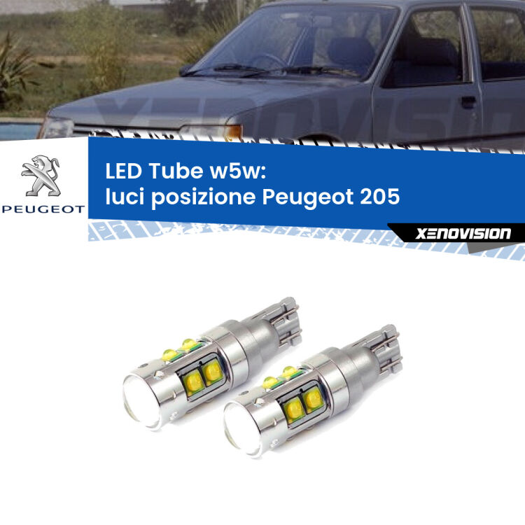 <strong>Luci posizione LED 6000k per Peugeot 205</strong>  Versione 1. Lampadine <strong>W5W</strong> canbus modello Tube, luce bianco lunare, lunga durata e compatibilità.