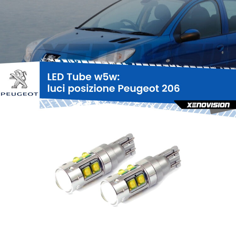 <strong>Luci posizione LED 6000k per Peugeot 206</strong>  1998-2009. Lampadine <strong>W5W</strong> canbus modello Tube, luce bianco lunare, lunga durata e compatibilità.