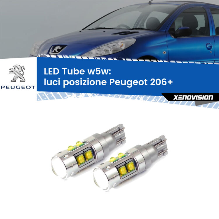 <strong>Luci posizione LED 6000k per Peugeot 206+</strong>  2009-2013. Lampadine <strong>W5W</strong> canbus modello Tube, luce bianco lunare, lunga durata e compatibilità.