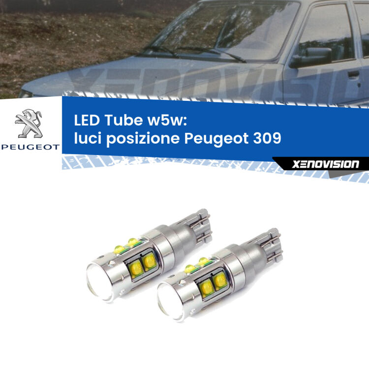 <strong>Luci posizione LED 6000k per Peugeot 309</strong>  1989-1993. Lampadine <strong>W5W</strong> canbus modello Tube, luce bianco lunare, lunga durata e compatibilità.