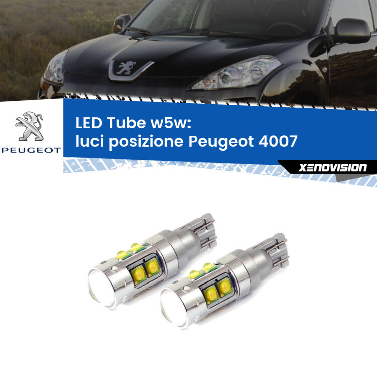 <strong>Luci posizione LED 6000k per Peugeot 4007</strong>  2007-2012. Lampadine <strong>W5W</strong> canbus modello Tube, luce bianco lunare, lunga durata e compatibilità.