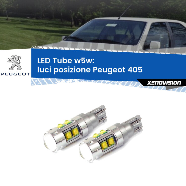 <strong>Luci posizione LED 6000k per Peugeot 405</strong>  1987-1997. Lampadine <strong>W5W</strong> canbus modello Tube, luce bianco lunare, lunga durata e compatibilità.