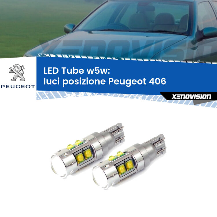 <strong>Luci posizione LED 6000k per Peugeot 406</strong>  1995-2004. Lampadine <strong>W5W</strong> canbus modello Tube, luce bianco lunare, lunga durata e compatibilità.