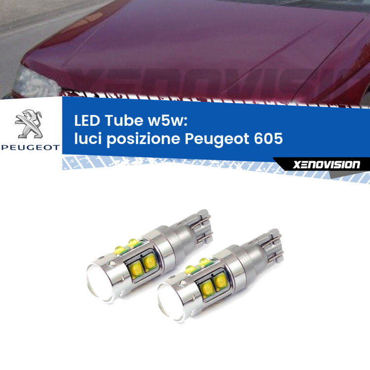 <strong>Luci posizione LED 6000k per Peugeot 605</strong>  1989-1999. Lampadine <strong>W5W</strong> canbus modello Tube, luce bianco lunare, lunga durata e compatibilità.