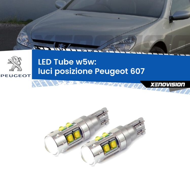 <strong>Luci posizione LED 6000k per Peugeot 607</strong>  2000-2010. Lampadine <strong>W5W</strong> canbus modello Tube, luce bianco lunare, lunga durata e compatibilità.