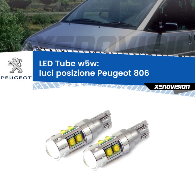 <strong>Luci posizione LED 6000k per Peugeot 806</strong>  1994-2002. Lampadine <strong>W5W</strong> canbus modello Tube, luce bianco lunare, lunga durata e compatibilità.