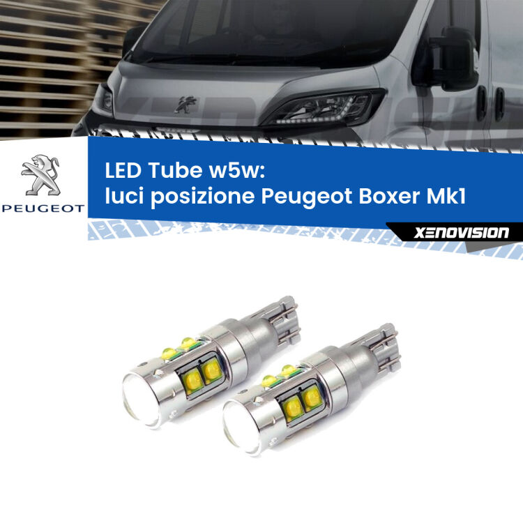 <strong>Luci posizione LED 6000k per Peugeot Boxer</strong> Mk1 1994-2002. Lampadine <strong>W5W</strong> canbus modello Tube, luce bianco lunare, lunga durata e compatibilità.