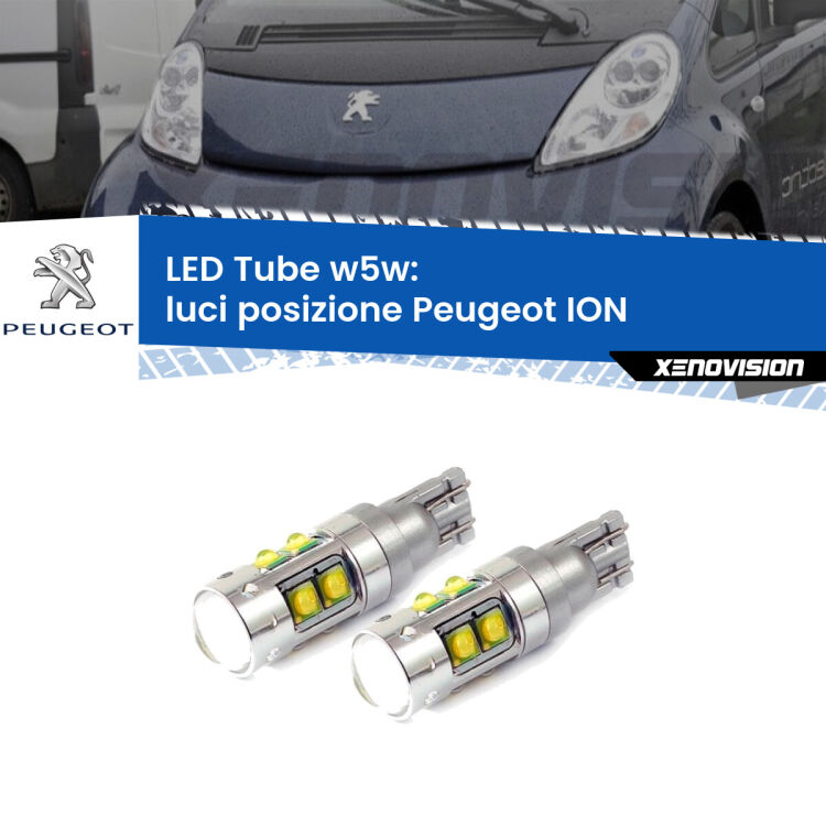 <strong>Luci posizione LED 6000k per Peugeot ION</strong>  2010-2019. Lampadine <strong>W5W</strong> canbus modello Tube, luce bianco lunare, lunga durata e compatibilità.