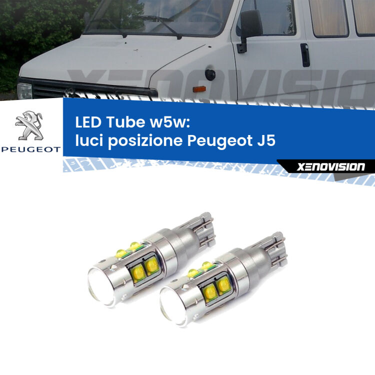 <strong>Luci posizione LED 6000k per Peugeot J5</strong>  1990-1994. Lampadine <strong>W5W</strong> canbus modello Tube, luce bianco lunare, lunga durata e compatibilità.