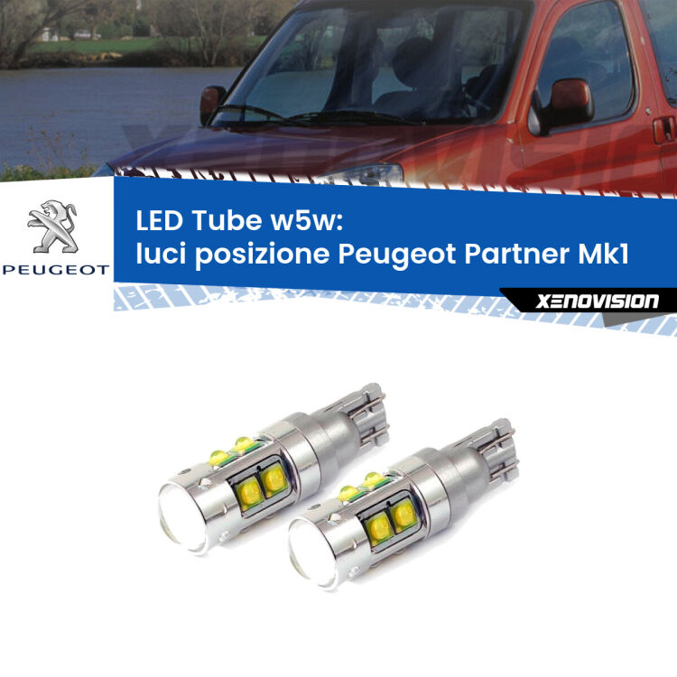 <strong>Luci posizione LED 6000k per Peugeot Partner</strong> Mk1 1996-2007. Lampadine <strong>W5W</strong> canbus modello Tube, luce bianco lunare, lunga durata e compatibilità.