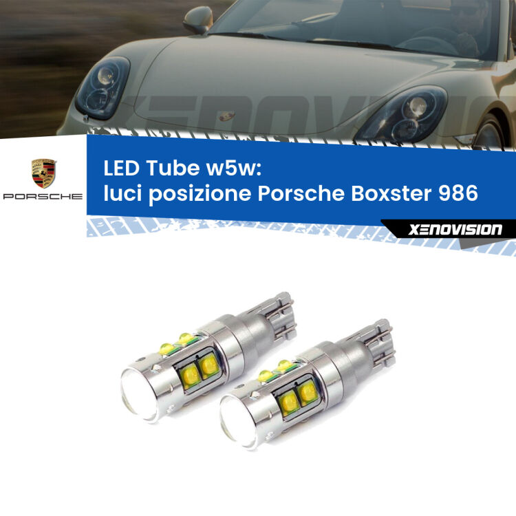 <strong>Luci posizione LED 6000k per Porsche Boxster</strong> 986 1996-2004. Lampadine <strong>W5W</strong> canbus modello Tube, luce bianco lunare, lunga durata e compatibilità.