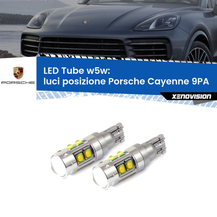 <strong>Luci posizione LED 6000k per Porsche Cayenne</strong> 9PA 2002-2010. Lampadine <strong>W5W</strong> canbus modello Tube, luce bianco lunare, lunga durata e compatibilità.