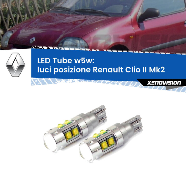 <strong>Luci posizione LED 6000k per Renault Clio II</strong> Mk2 1998-2004. Lampadine <strong>W5W</strong> canbus modello Tube, luce bianco lunare, lunga durata e compatibilità.