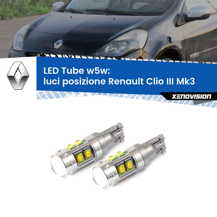 <strong>Luci posizione LED 6000k per Renault Clio III</strong> Mk3 2005-2011. Lampadine <strong>W5W</strong> canbus modello Tube, luce bianco lunare, lunga durata e compatibilità.