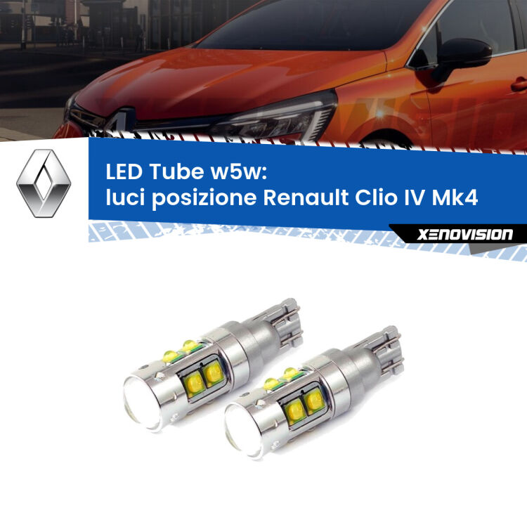 <strong>Luci posizione LED 6000k per Renault Clio IV</strong> Mk4 2012-2018. Lampadine <strong>W5W</strong> canbus modello Tube, luce bianco lunare, lunga durata e compatibilità.