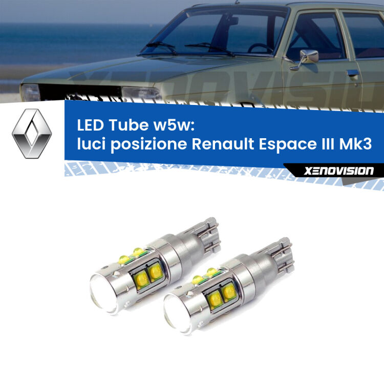 <strong>Luci posizione LED 6000k per Renault Espace III</strong> Mk3 1996-2002. Lampadine <strong>W5W</strong> canbus modello Tube, luce bianco lunare, lunga durata e compatibilità.