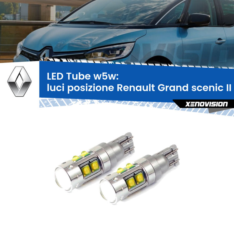 <strong>Luci posizione LED 6000k per Renault Grand scenic II</strong> Mk2 2004-2006. Lampadine <strong>W5W</strong> canbus modello Tube, luce bianco lunare, lunga durata e compatibilità.