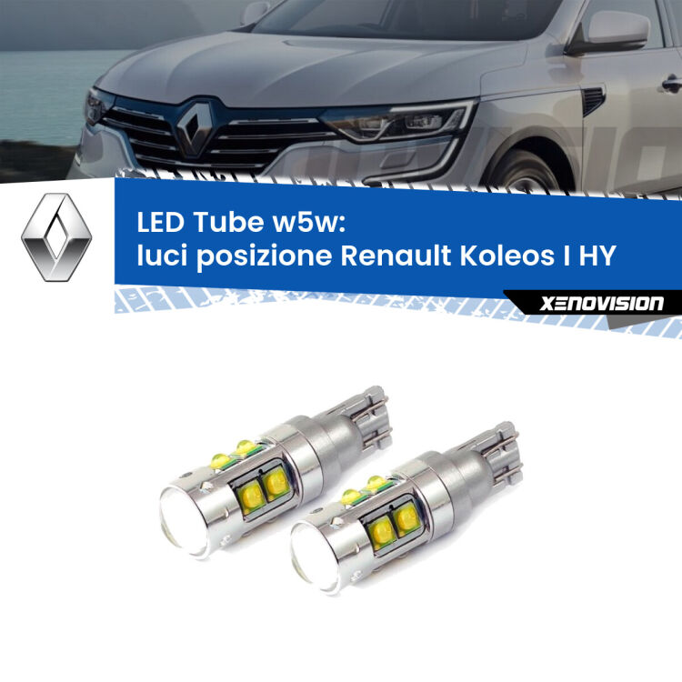 <strong>Luci posizione LED 6000k per Renault Koleos I</strong> HY 2006-2015. Lampadine <strong>W5W</strong> canbus modello Tube, luce bianco lunare, lunga durata e compatibilità.