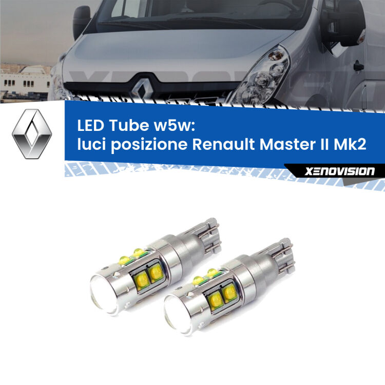 <strong>Luci posizione LED 6000k per Renault Master II</strong> Mk2 1998-2009. Lampadine <strong>W5W</strong> canbus modello Tube, luce bianco lunare, lunga durata e compatibilità.